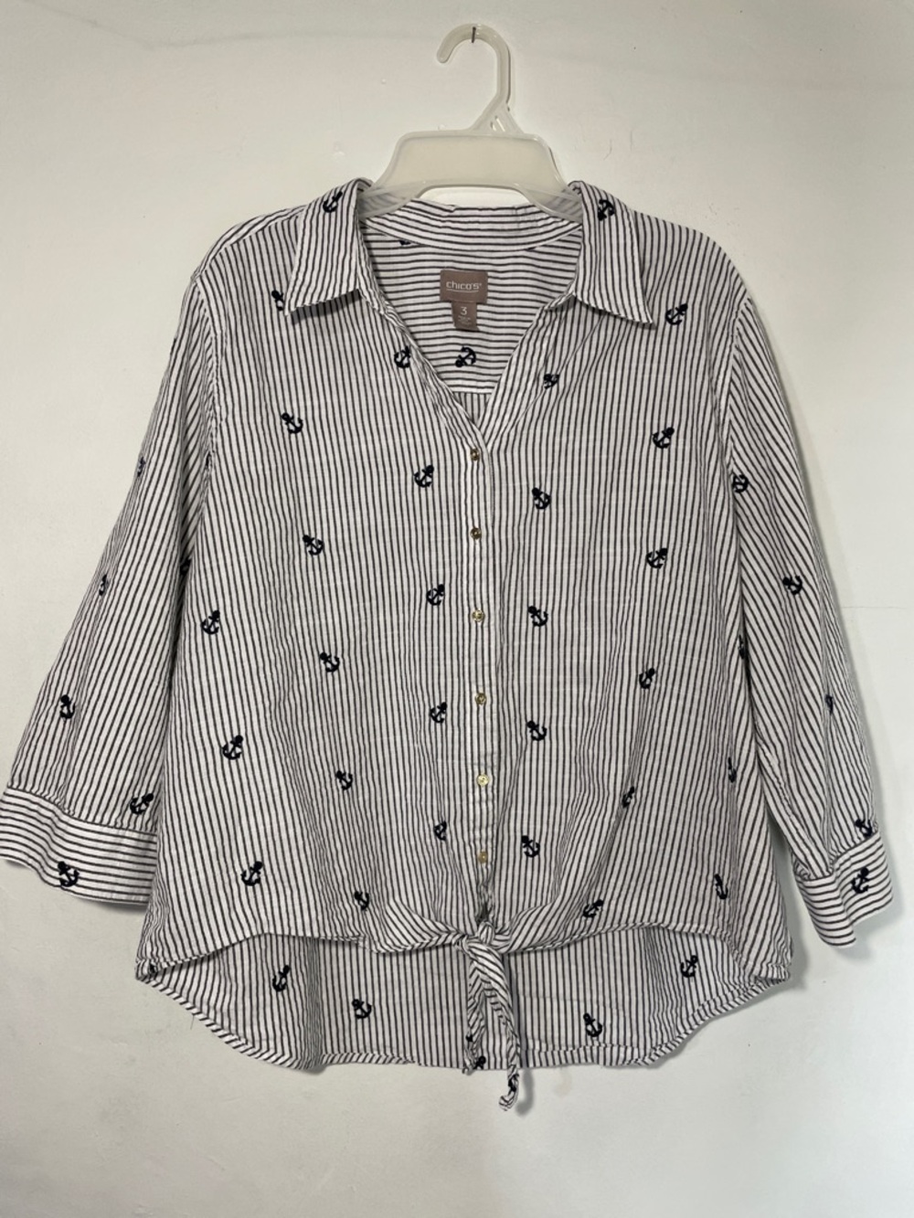 Chico’s Striped Tie-Hem Button-Up Shirt with Anchor Embroidery - White & Navy